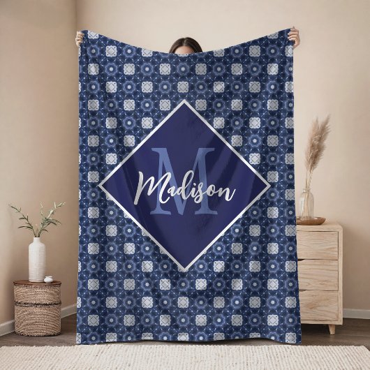 Couverture Polaire Élégant monogramme initial gris bleu 