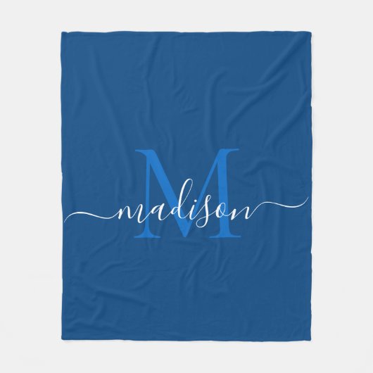 Couverture Polaire Élégant Monogramme Marine Bleu Blanc Script modern (Devant)