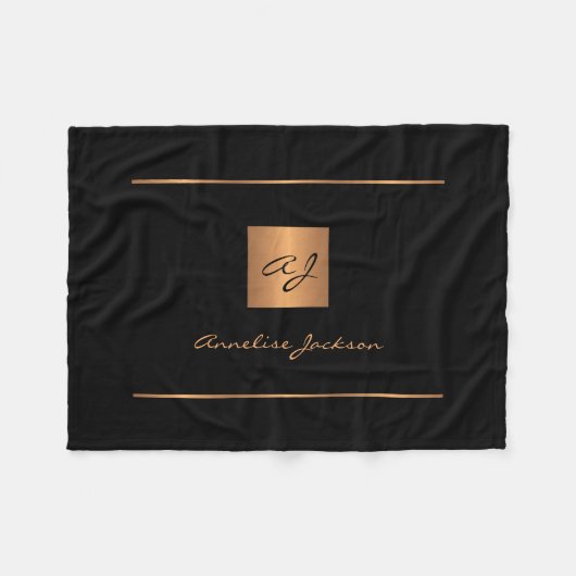 Couverture Polaire Élégant monogramme noir or nom script moderne (Devant (Horizontal))