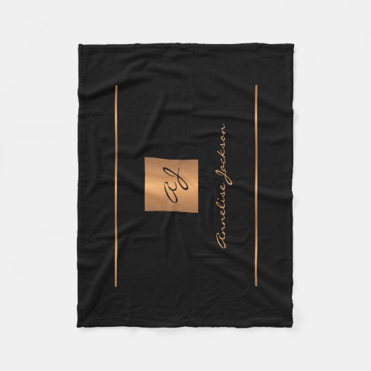 Couverture Polaire Élégant monogramme noir or nom script moderne (Devant)