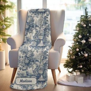 Couverture Polaire Élégant monogramme vintage Blue toile de jouy