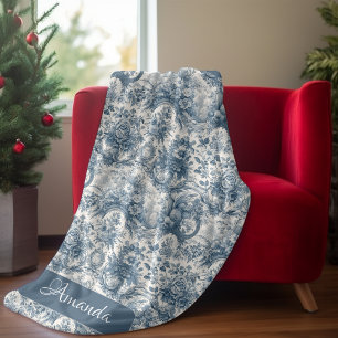 Couverture Polaire Élégant monogramme vintage Blue toile de jouy