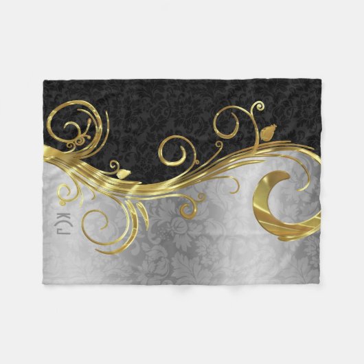 Couverture Polaire Elégant noir Damas Gold & Silver Swirls (Devant (Horizontal))