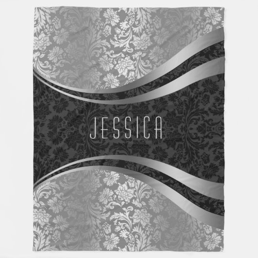 Couverture Polaire Elégant noir et gris argenté Damas florales (Devant)