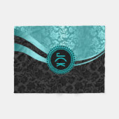 Couverture Polaire Élégant noir et turquoise Damas Floral Monogramme (Devant (Horizontal))