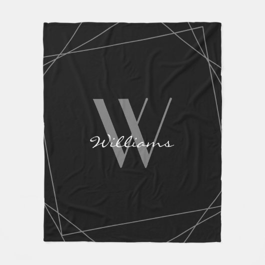 Couverture Polaire Élégant noir gris argent Monogramme Nom Script (Devant)