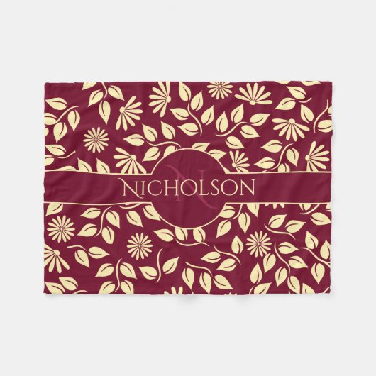 Couverture Polaire Élégant nom de monogramme Leaf Daisy Motif Bourgog (Devant (Horizontal))