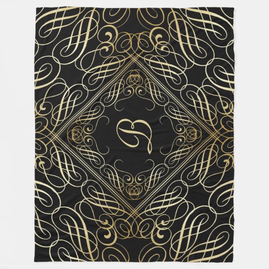Couverture Polaire Élégant or Foil Look Scrollwork Script sur noir (Devant)