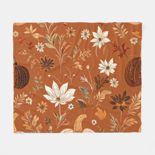 Couverture Polaire Élégant Terra Cota Citrouille Automne Motif Floral (Devant (Horizontal))