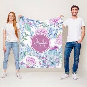 Couverture Polaire Élégant violet et bleu Succulent Floral avec nom