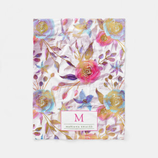 Couverture Polaire Elégante aquarelle fleurie rose et blanc