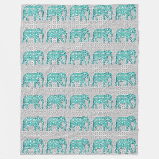 Couverture Polaire Eléphant fleur Mandala - turquoise, gris & blanc (Devant)