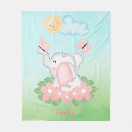 Couverture Polaire Eléphant mignon bébé avec fleurs roses (Devant)