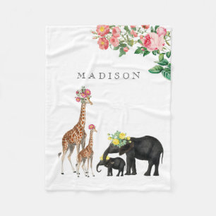 Couverture Polaire Eléphant mignon & Giraffe Floral Personnalisé Nom 