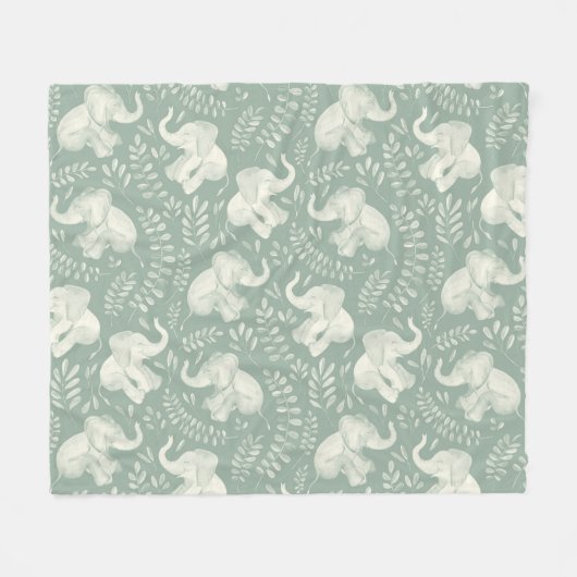 Couverture Polaire Eléphants riants mignons en Crème et Vert Sage (Devant (Horizontal))