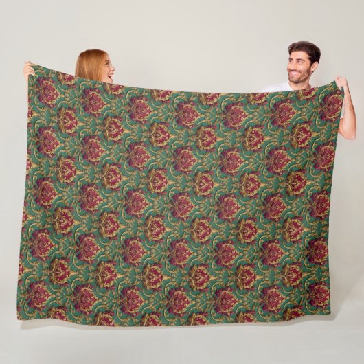 Couverture Polaire Emerald Burgundy Baroque Damask (En situation)