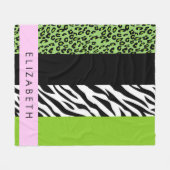 Couverture Polaire Empreinte de léopard, Zebra Print, Vert, Votre nom (Devant (Horizontal))