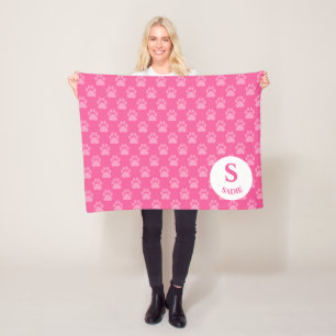 Couverture Polaire Empreintes de pattes roses Motif avec Monogramme &