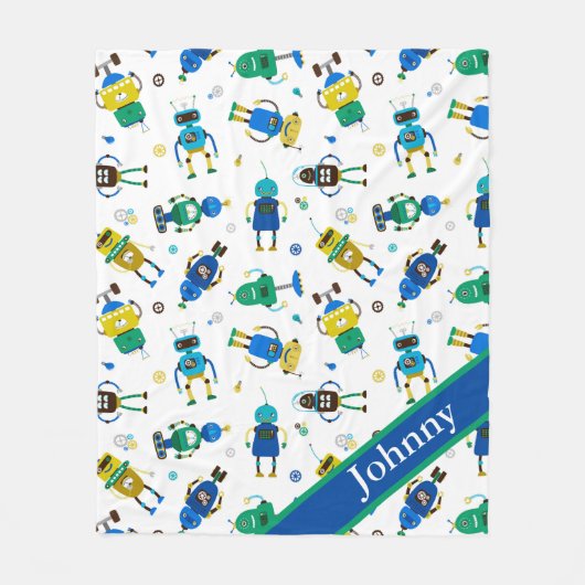 Couverture Polaire Enfants Joyeux Petit Robots Blanche Ceinture Fleec (Devant)
