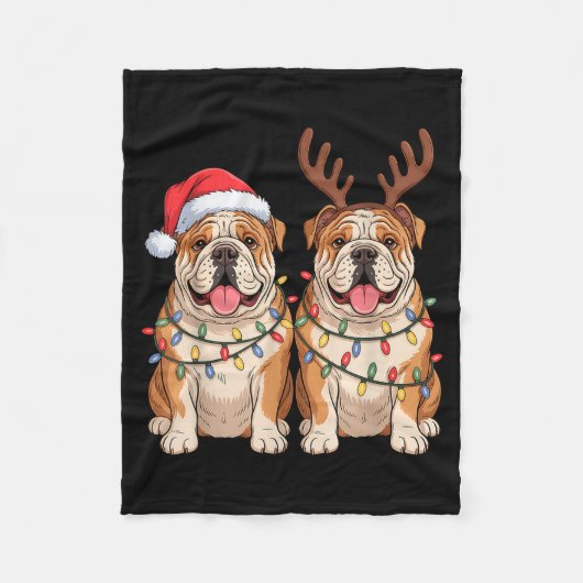 Couverture Polaire English Bulldog Christmas Santa Hat Reindeer Light (Devant)