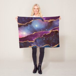 Couverture Polaire Espace bleu et violet et étoiles avec ruban or