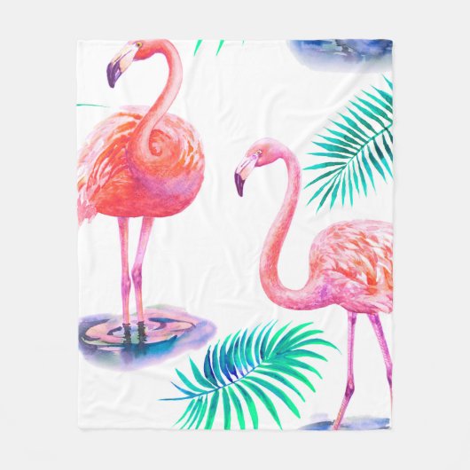 Couverture Polaire Été tropical avec flamants roses feuilles de palmi (Devant)