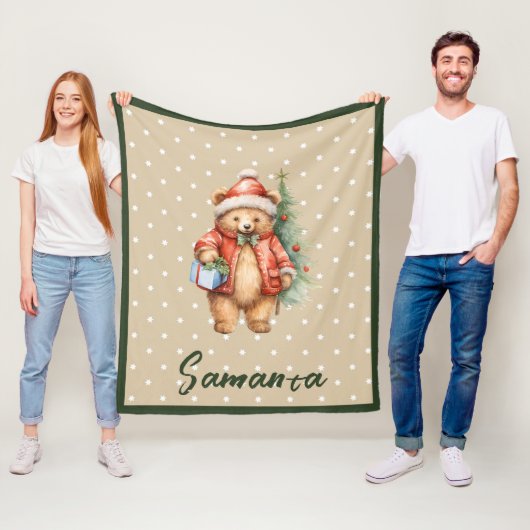 Couverture Polaire Étoile motif ours de Noël vert beige nom (En situation)