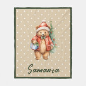 Couverture Polaire Étoile motif ours de Noël vert beige nom (Devant)