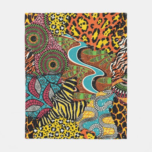 Couverture Polaire Fabric africain : Patchwork d'animaux sauvages. (Devant)