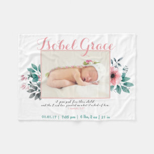 Couverture Polaire Faire-part de naissance floral avec le vers de
