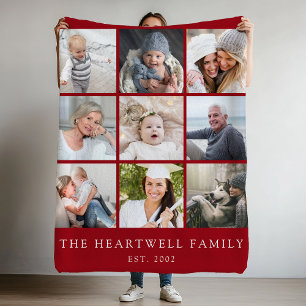 Couverture Polaire Famille 9 Photo Collage Personnalisé Cranberry Red