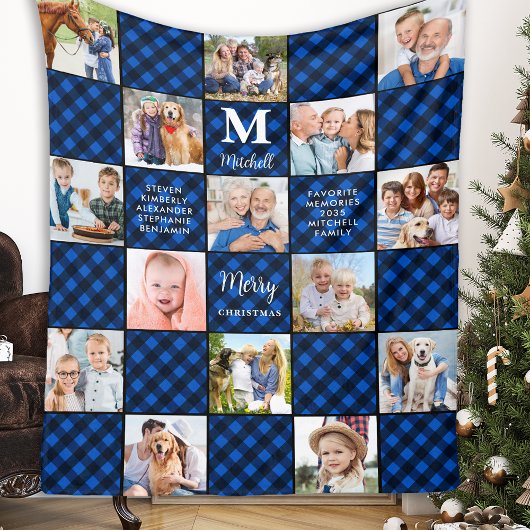 Couverture Polaire Famille Bleu Carreaux Patchwork Personnalisé 15 Ph