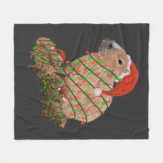 Couverture Polaire Famille Capybara de Noël enrobée de lumières (Devant (Horizontal))