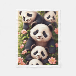 Couverture Polaire Famille de pandas mignons avec fleurs roses couver