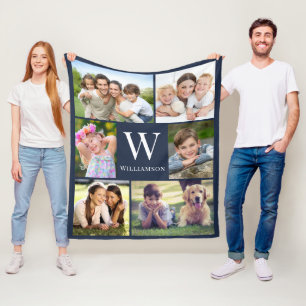 Couverture Polaire Famille Monogramme 6 Photo Collage Bleu