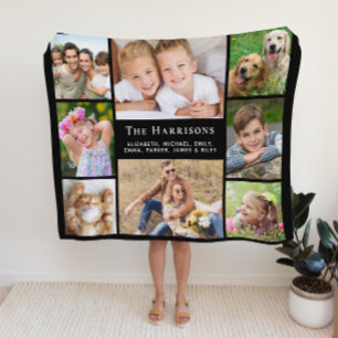 Couverture Polaire Famille Monogramme Nom 8 Photo Collage noir