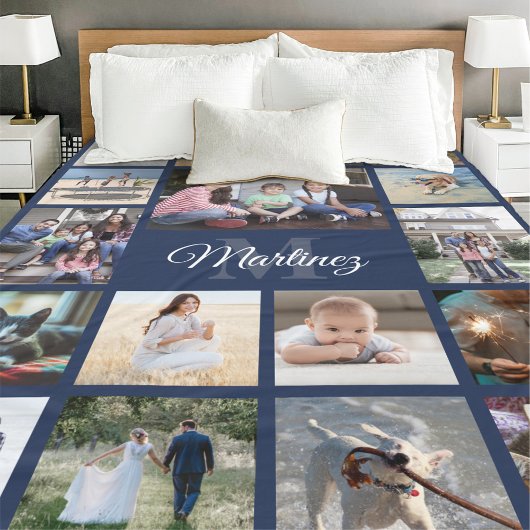 Couverture Polaire Famille Photo Collage Marine Blue Modern Monogramm