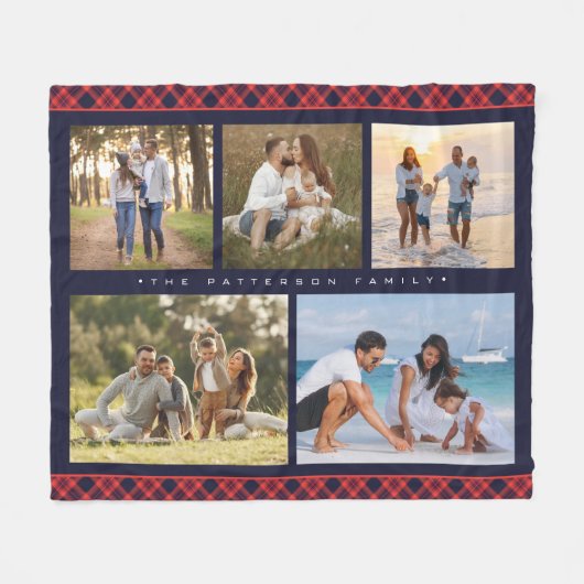 Couverture Polaire Family Name 5 Photo Collage Red Plaid Modern (Devant (Horizontal))