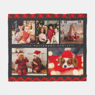 Couverture Polaire Family Name 5 Photo Collage Red Plaid Modern