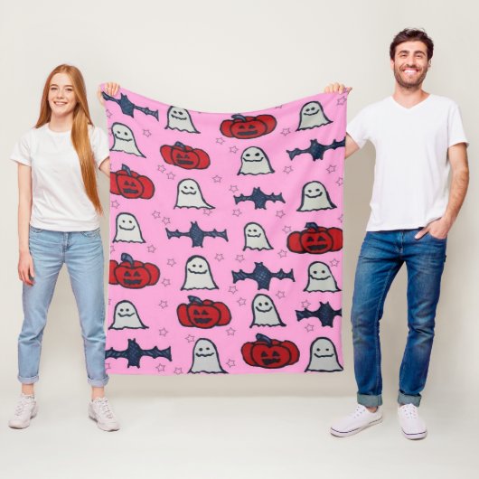 Couverture Polaire Fantômes d'Halloween rose, chauves-souris et Jack  (En situation)