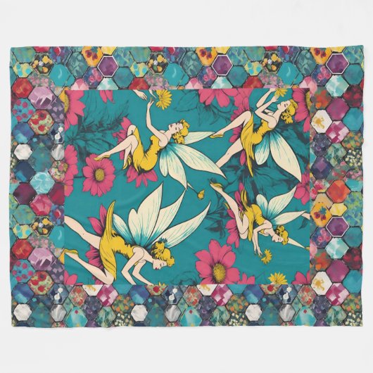 Couverture Polaire Fées Magiques Et Patchwork D'Hexagon Floral (Devant (Horizontal))