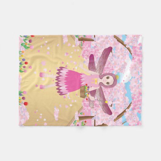 Couverture Polaire Fées roses et fleurs de cerisiers (Devant (Horizontal))