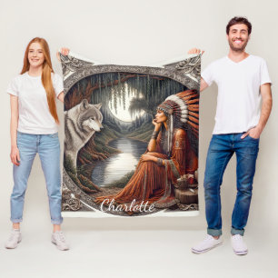 Couverture Polaire Femme autochtone avec un loup près de la rivière