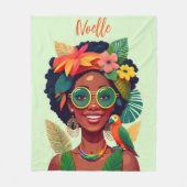 Couverture Polaire Femme noire, fleurs tropicales et perroquet (Devant)