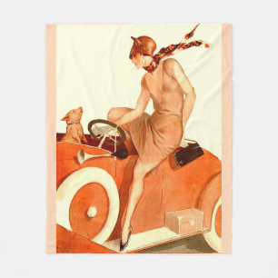 Couverture Polaire Femme, voiture et chien des années 1920