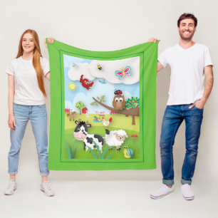 Couverture Polaire Ferme avec de mignons animaux en vert