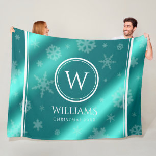 Couverture Polaire Festif Blue Foil Snowflakes Monogramme Nom