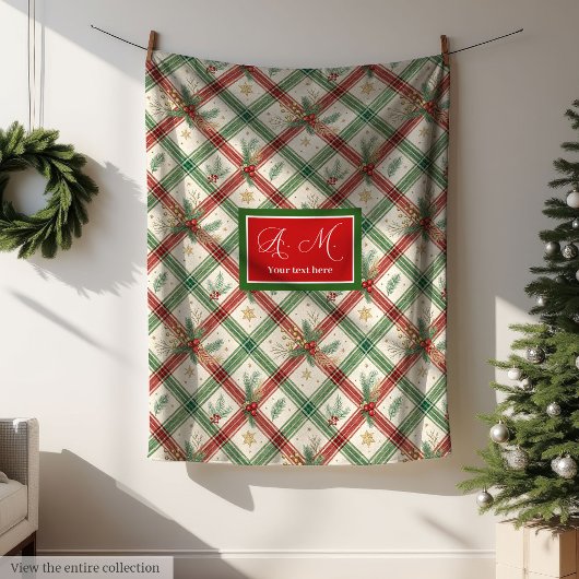 Couverture Polaire Festive green and red tartan monogram holiday