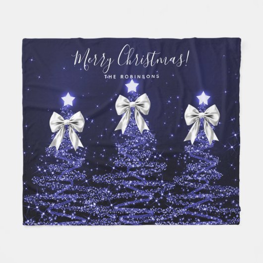 Couverture Polaire Festive Holiday Navy Christmas Trees Silver Bows (Devant (Horizontal))