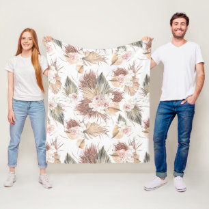 Couverture Polaire Feuillage Feuille de palmier séché et fleurs tropi